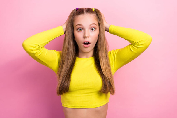 Photo of worried nervous lady wear stylish clothes open mouth unexpected unbelievable offer isolated on pink color background. - Φωτογραφία, εικόνα