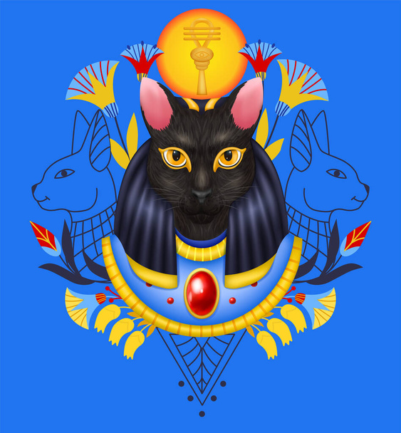 Bastet αιγυπτιακή σύνθεση θεός με μάσκα κολάζ της αρχαίας εικόνας avatar με διακοσμημένη θεά γάτα επικεφαλής διάνυσμα εικονογράφηση - Διάνυσμα, εικόνα