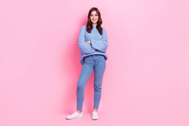 Full size portrait of satisfied nice girl crossed hands toothy smile posing isolated on pink color background. - Фото, изображение