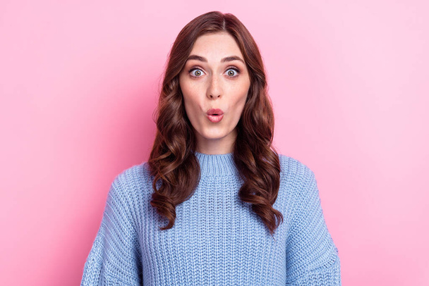 Closeup portrait of funny crazy nice woman wear blue knitted sweater pouted lips surprised autumn sale season isolated on pink color background. - Valokuva, kuva