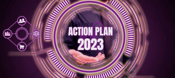 Έμπνευση που δείχνει σημάδι Σχέδιο Δράσης 2023, Εννοιολογική φωτογραφία για να κάνει λίστα περιέχει πολλά πράγματα που πρέπει να γίνει το επόμενο έτος - Φωτογραφία, εικόνα