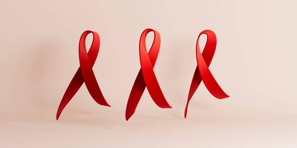 3d rendant illustration bannière dessin animé femmes mains tenant ruban rouge isolé sur fond pastel avec espace de copie. Journée mondiale du sida avec concept de sensibilisation au VIH  - Photo, image