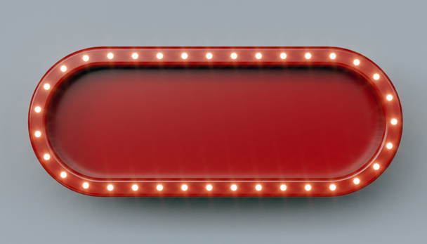Parlayan neon ışıklarıyla oval şeklinde kırmızı retro reklam panosu -- 3D görüntüleme - Fotoğraf, Görsel