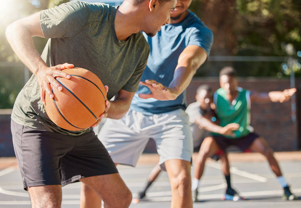 Basketball, team and training block on court for competition, game plan and outdoor for health, wellness and fitness together. Defend, match and teamwork with ball, practice and workout for exercise - Photo, Image