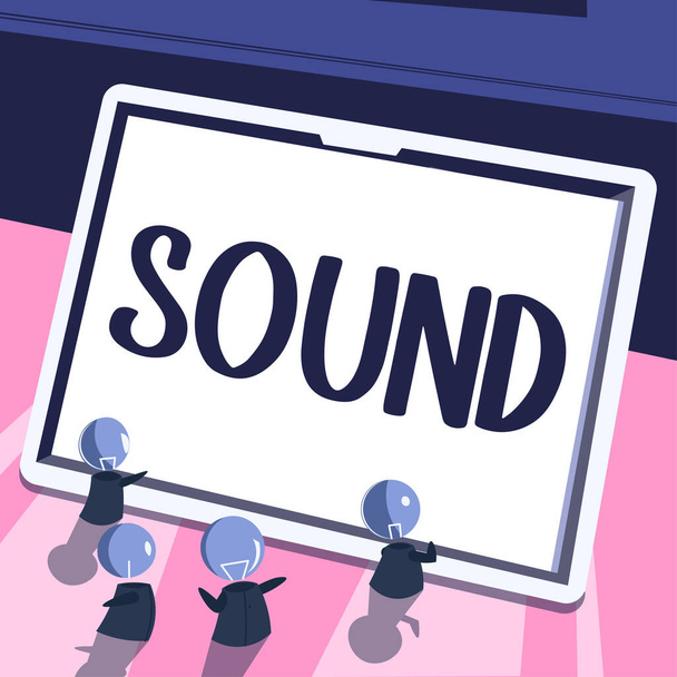 Teksti merkki osoittaa Sound, Concept tarkoittaa värähtelyjä, jotka kulkevat ilmassa voidaan kuulla, kun ne saavuttavat korvan - Valokuva, kuva