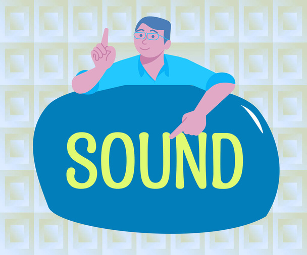 Текстовый знак, показывающий звук, слово для вибраций, которые путешествуют по воздуху, может быть услышан, когда они достигают уха - Фото, изображение