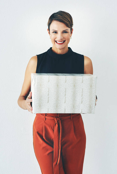 Christmas, birthday and business woman with a gift from work during celebration of holiday. Box, happy and portrait of a manager with a present from a corporate party for a professional achievement. - Foto, Imagem