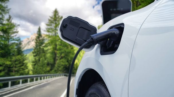 緑の森の充電ステーションから再生可能エネルギーとクリーンエネルギーを動力とする電気自動車の環境意識を高めるための進歩的なキャンペーン。将来の自動車用EV車. - 写真・画像