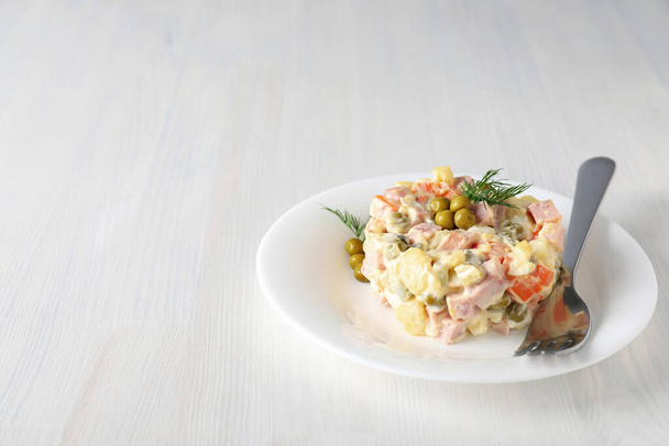 Concept of New year food, Olivier salad, space for text - Фото, изображение