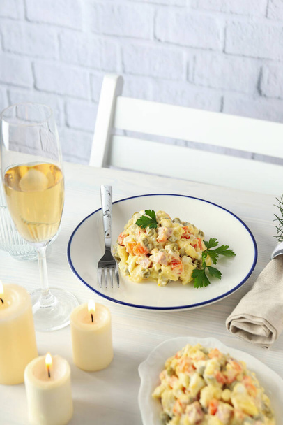 Concept of New year food, tasty Olivier salad - Foto, afbeelding