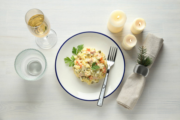 Concept of New year food, Olivier salad, top view - Photo, Image