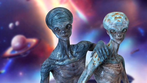 Due alieni umanoidi guardando la fotocamera con foto realistica texture della pelle altamente dettagliata sullo sfondo dello spazio, illustrazione 3D - Foto, immagini