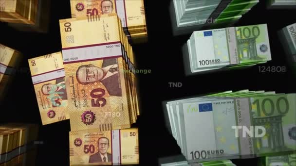 Euro a Tunisko Dinár směnárna peněz. Papírové bankovky balí balík. Pojetí obchodu, hospodářství, hospodářské soutěže, krize, bankovnictví a financí. Poznámky smyčka bezešvé 3D animace. - Záběry, video
