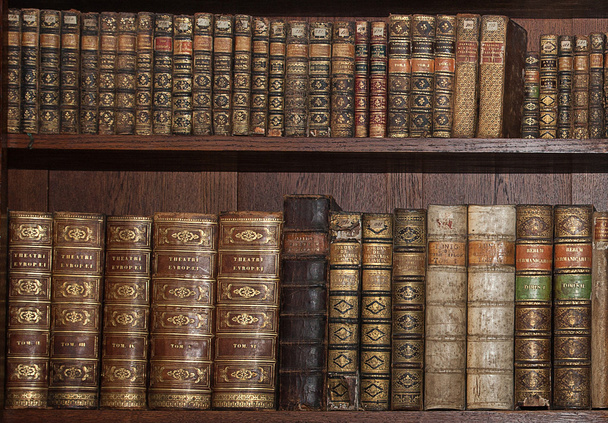 Livros antigos em uma biblioteca de madeira
 - Foto, Imagem