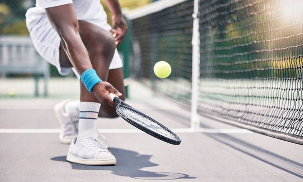 Tennis, fitness and black man hands in an outdoor sports court game doing training and workout. Wellness exercise and cardio energy of an athlete on a tennis court in a professional competition. - Фото, зображення