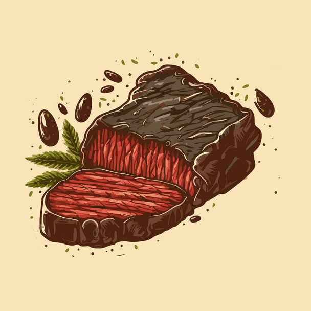Νόστιμο καπνιστό βόειο κρέας μπριζόλα με φέτες ντομάτες και δεντρολίβανο Λογότυπο Διάνυσμα Εικονογράφηση - Διάνυσμα, εικόνα