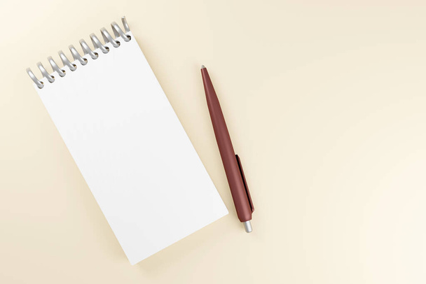 Bloc-notes blanc avec stylo marron sur fond beige doux. Illustration 3D minimale sur fond rose doux vue du dessus - Photo, image