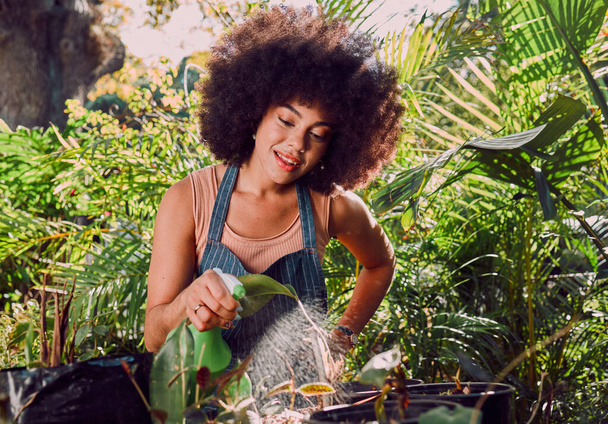 Fekete nő, víz és spray palack növények, kert és környezetbarát szabadtéri virágok. Mezőgazdaság, fenntarthatóság vagy afro-amerikai női kertészkedés, növekedés vagy folyadék az ökológia, flóra vagy pihenés érdekében. - Fotó, kép