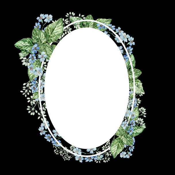 Flores azules pequeñas y hojas de eucalipto. Corona de boda floral. Acuarela - Foto, imagen