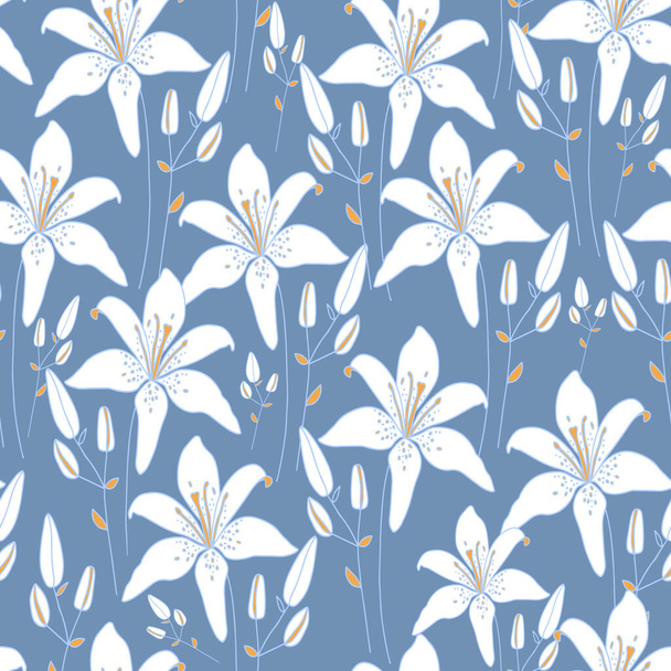 White hand drawn lily flowers seamless pattern. For textile, wrapping paper, packaging. - Vektori, kuva