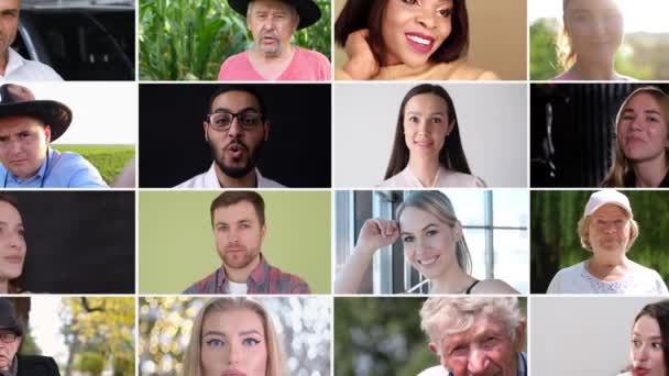 Video wall with animation. A screen with many faces of old and young people of many nationalities. Americans and Europeans. Young and old. - Footage, Video