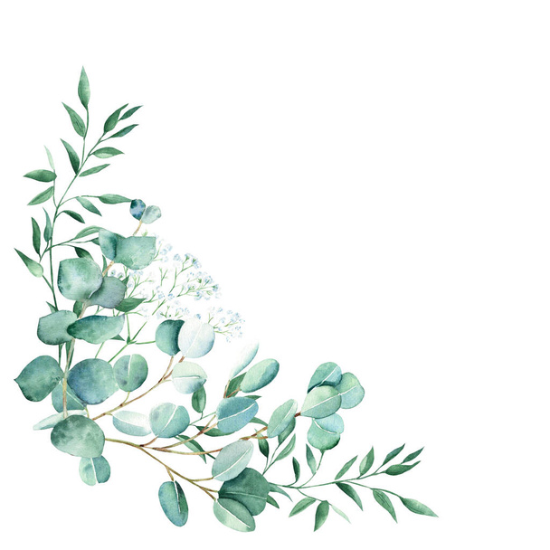 水彩の葉の花束、コーナー。ユーカリ、ジプシー、ピスタチオの枝。白地に描かれた手描きの植物イラスト。グリーティングカード、結婚式、赤ちゃんのために使用できます - 写真・画像