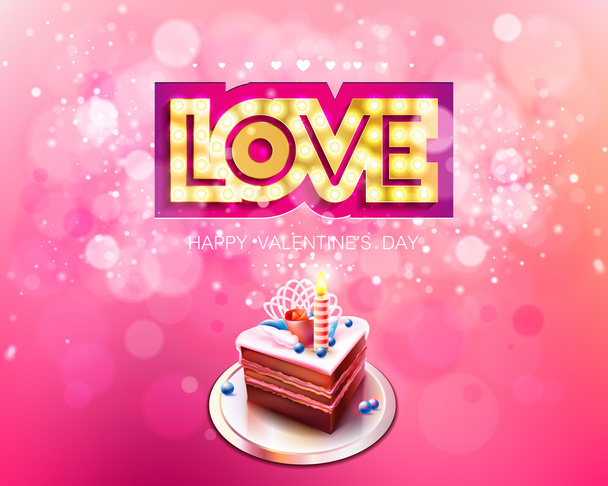 Vector gold inscription love with glowing lamps and cake - Vector, imagen