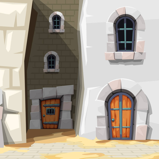 illustratie van middeleeuwse straat met vintage huizen op zonnige dag met donkere backstreet in cartoon stijl - Vector, afbeelding