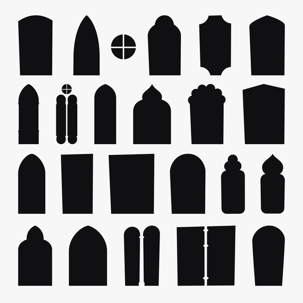 illustration of various shapes of medieval windows silhouettes in big set isolated on white background - Vektor, Bild