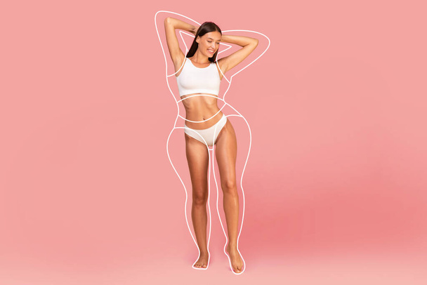Healthy Slimming. Happy Young Woman With Perfect Body And Fat Silhouette Outlines Around It Posing In Underwear Over Pink Studio Background, Cheerful Female Enjoying Result Of Weight Loss, Collage - Photo, Image
