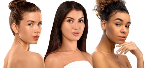Three beautiful multiracial half-naked young women posing on white studio background, showing perfect silky body and face skin. SPA, wellness, beauty, skin care concept, collage, banner - Photo, Image