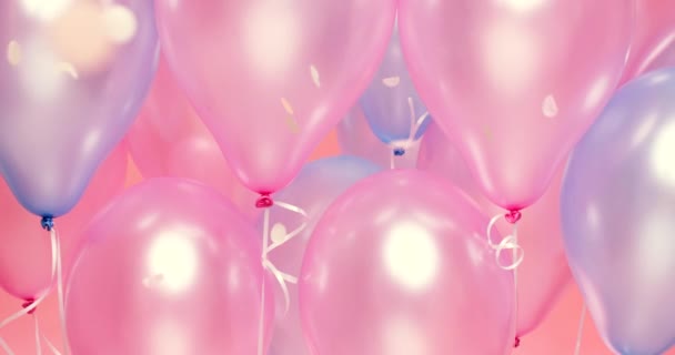 Confetti, lufik és party ünnepség stúdió háttérben a születésnap, különleges esemény ünnep banner. Csillogó, fényes rózsaszín és kék léggömb csomó ünneplik baba nemi felfedi bejelentés - Felvétel, videó