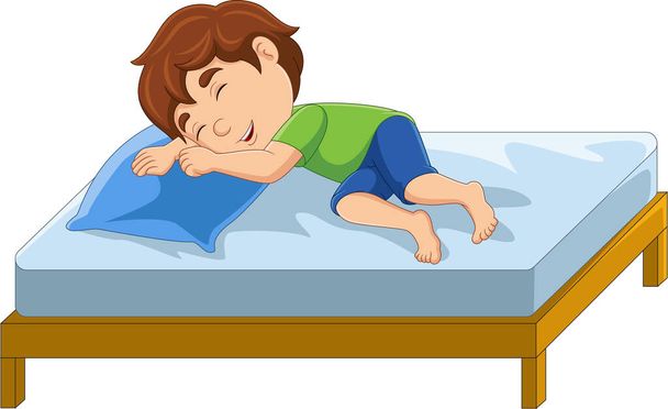 Εικονογράφηση διάνυσμα του Cartoon μικρό αγόρι κοιμάται στο κρεβάτι - Διάνυσμα, εικόνα