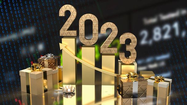 2023 número de oro para el nuevo año o concepto de celebración 3d renderizado - Foto, Imagen