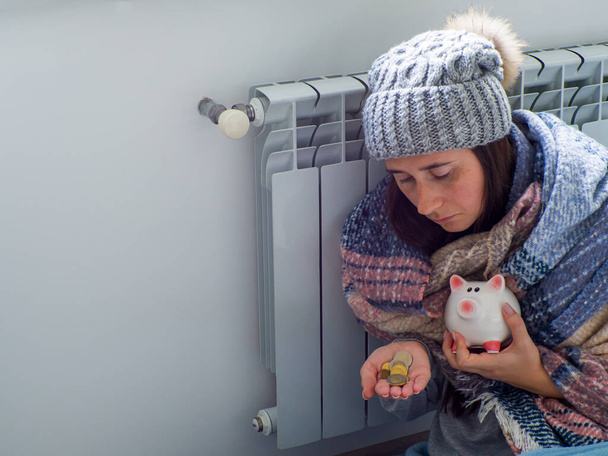 Woman counting euro coins and holding piggy bank near the battery at home. Warmly dressed woman is upset about high price of heating. Expensive energy resources, energy crisis in Europe. Copy space. - Foto, afbeelding