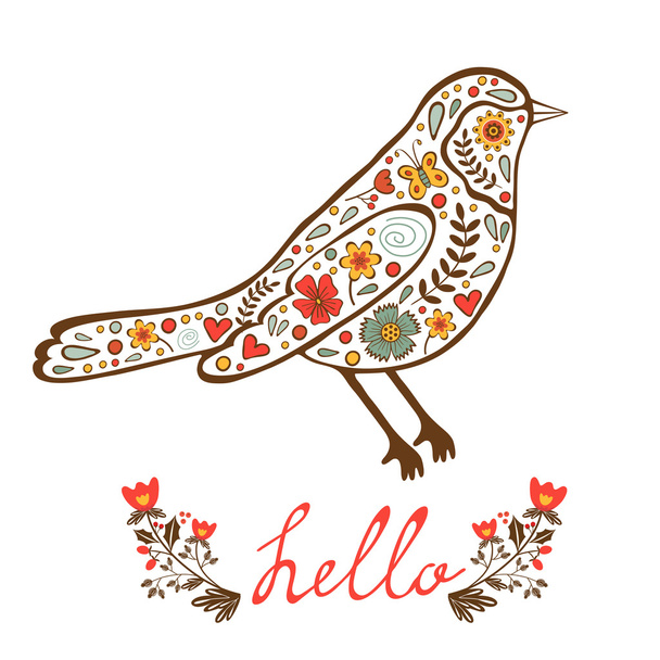 Concept hello card with floral decorative bird - Wektor, obraz