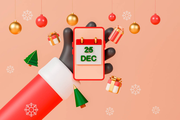 3D απόδοση χέρι του Αϊ Βασίλη κρατώντας smartphone με ημερολόγιο ημέρα των Χριστουγέννων στην οθόνη. - Φωτογραφία, εικόνα