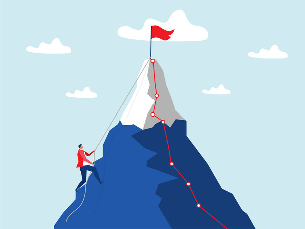 Empresário escalando montanha no topo, Desafio, perseverança, crescimento pessoal, esforço, ambição e liderança na carreira alcançar metas conceito vetor ilustração - Vetor, Imagem