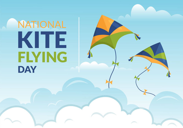 National Kite Flying Day on February 8 of Sunny Sky Background in Kids Summer Leisure Activity in Flat Cartoon Hand Drawn Templates Illustration - Vector, Image