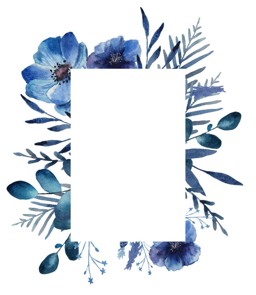 Square frame of blue and blue flowers, painted with watercolors, on a white background, wedding illustration, for your design - Fotó, kép