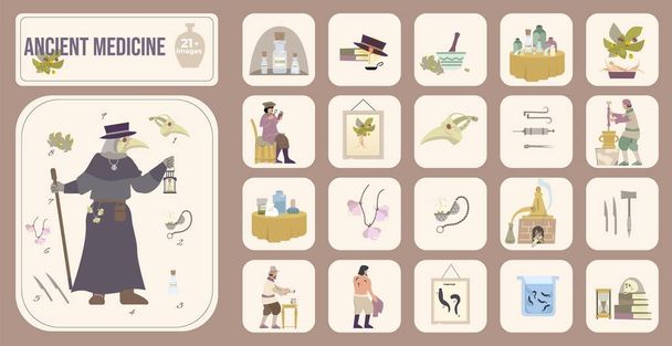 Ókori orvostudományi készlet, lapos ikonok izolált négyzet alakú összetételével, orvosi kellékekkel, könyvekkel és ruházati vektoros illusztrációval - Vektor, kép