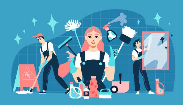 Cleaning service flat composition with detergent tools and professional workers performing various housekeeping duties vector illustration - Vector, Image