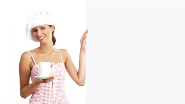 Chef femme avec tasse montrant indiquer panneau d'affichage blanc, café, thé, concept de marketing chocolat
 - Séquence, vidéo