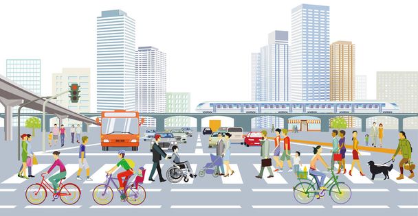 Auto 's op het kruispunt in de grote stad met voetgangersoversteek, illustratie - Vector, afbeelding