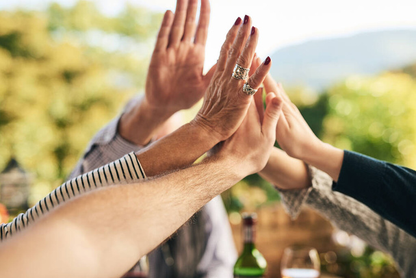 Hands together, high five and support of family, friends or people in prayer, motivation and unity in a summer garden. Men and women outdoor to celebrate achievement, community or holiday. - Photo, Image