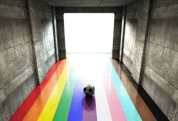 Egy távoli pillantást le egy sötét stadion alagút egy LMBTQ színes padló és láb labdát, hogy belépjen a világító arénában - 3D render - Fotó, kép