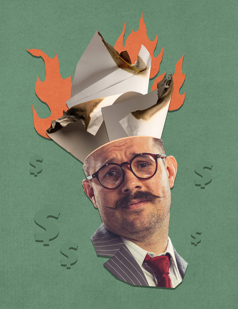 Contemporary art collage. Creative design. Businessman having burning papers inside head symbolizing business breakdown and money loss. Concept of surrealism, creativity, imagination, thoughts - Photo, Image