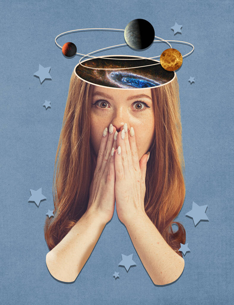 Contemporary art collage. Creative design. Young shocked woman having planets flying around head. Space explorer. Education. New experience. Concept of surrealism, creativity, imagination, thoughts - Photo, Image
