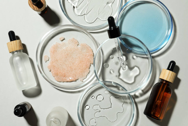 Flat lay composition with Petri dishes on light grey background - Photo, Image
