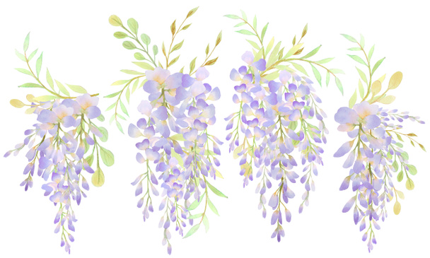 Wisteria flower, save the date invitation or greeting card. Hand drawn watercolor, illustration isolated on white background - 写真・画像